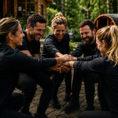 Group of people participating in an outdoor team building activity