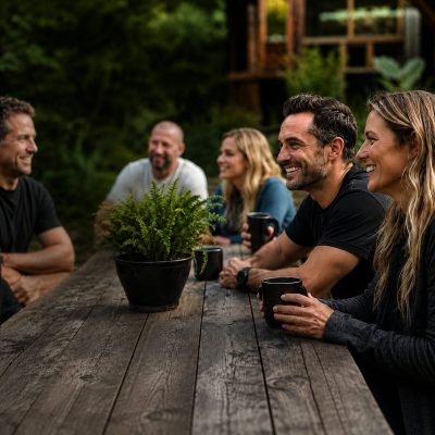 Group of people enjoying a corporate retreat in a natural outdoor setting